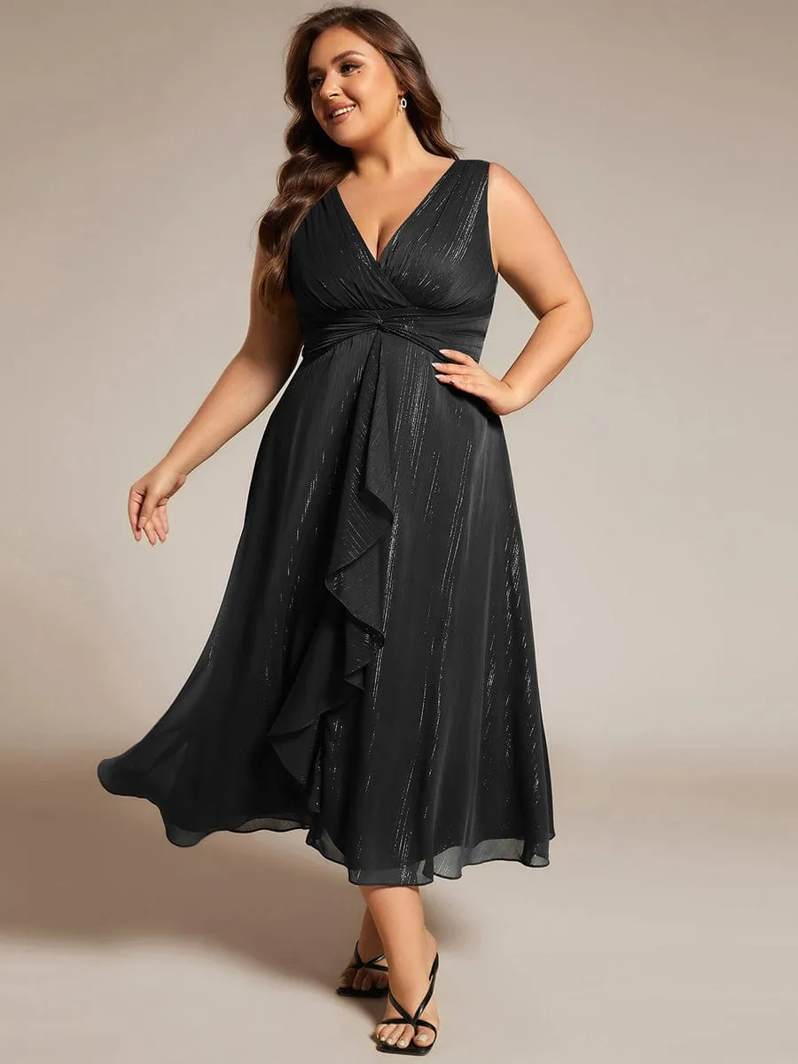 Plus Size Sleeveless Glittery Ruffled V-Neck Midi Wedding Guest Dress