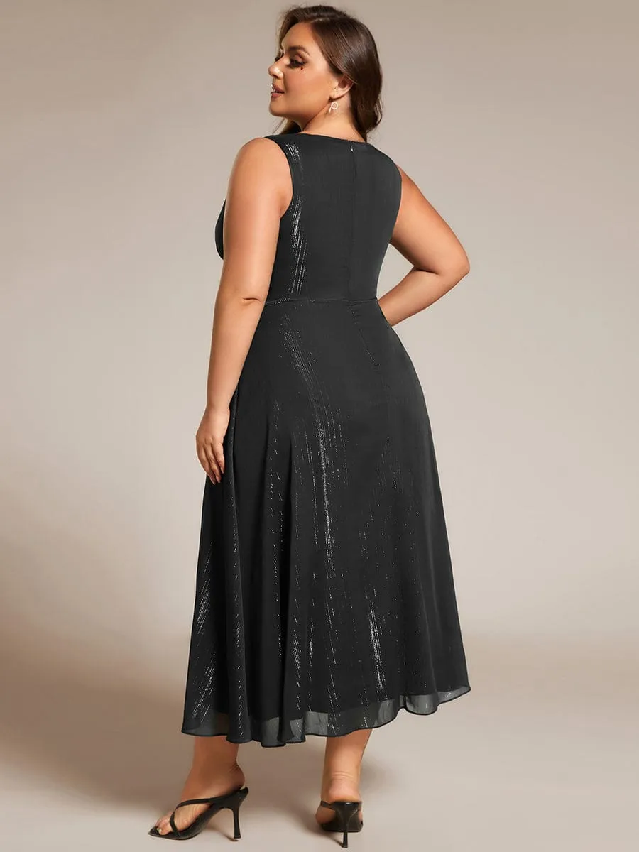 Plus Size Sleeveless Glittery Ruffled V-Neck Midi Wedding Guest Dress