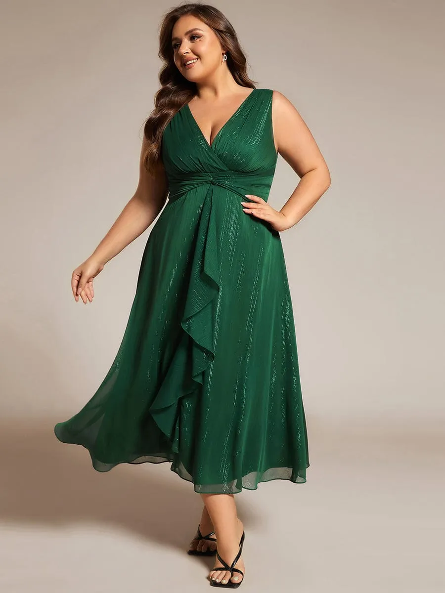 Plus Size Sleeveless Glittery Ruffled V-Neck Midi Wedding Guest Dress