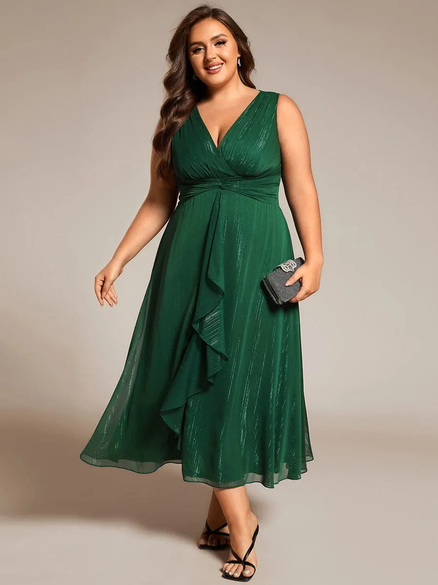 Plus Size Sleeveless Glittery Ruffled V-Neck Midi Wedding Guest Dress