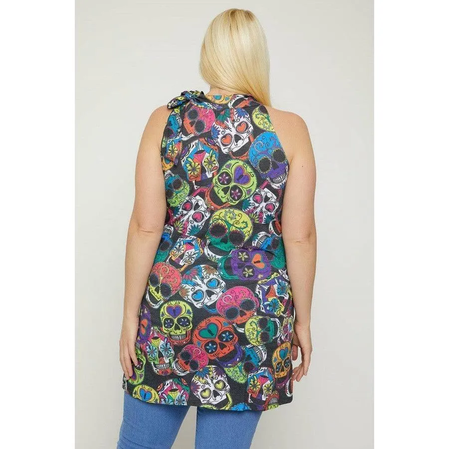 Plus size sleeveless sugar skull print dress