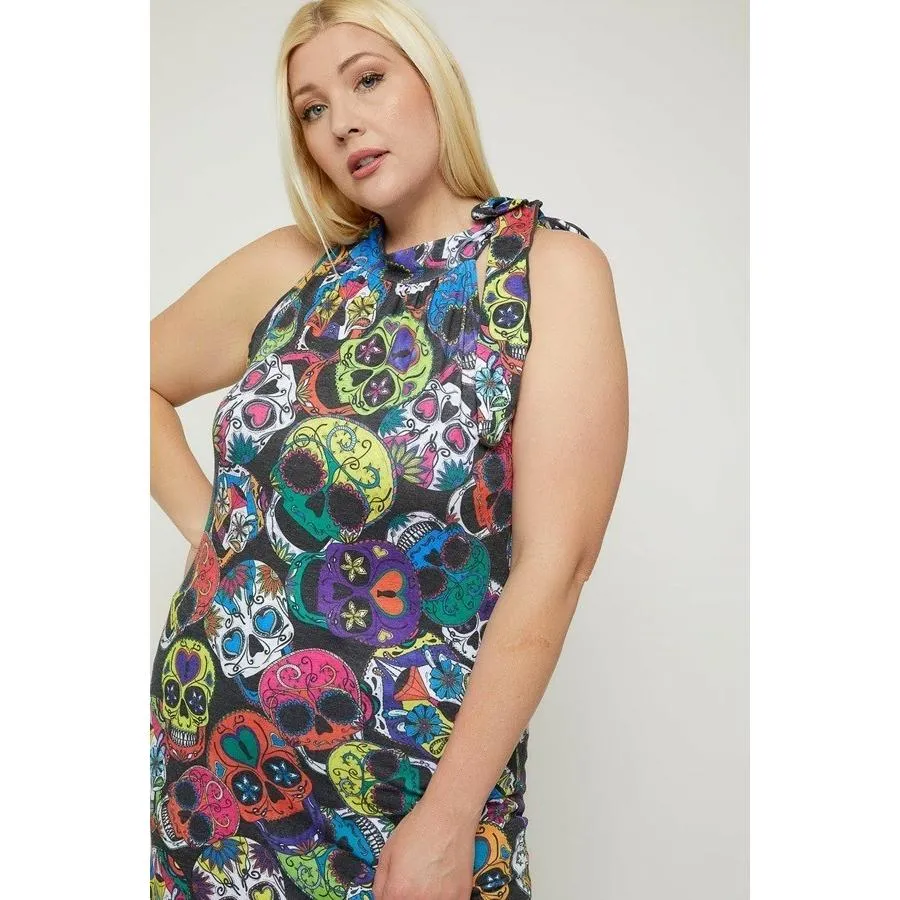 Plus size sleeveless sugar skull print dress