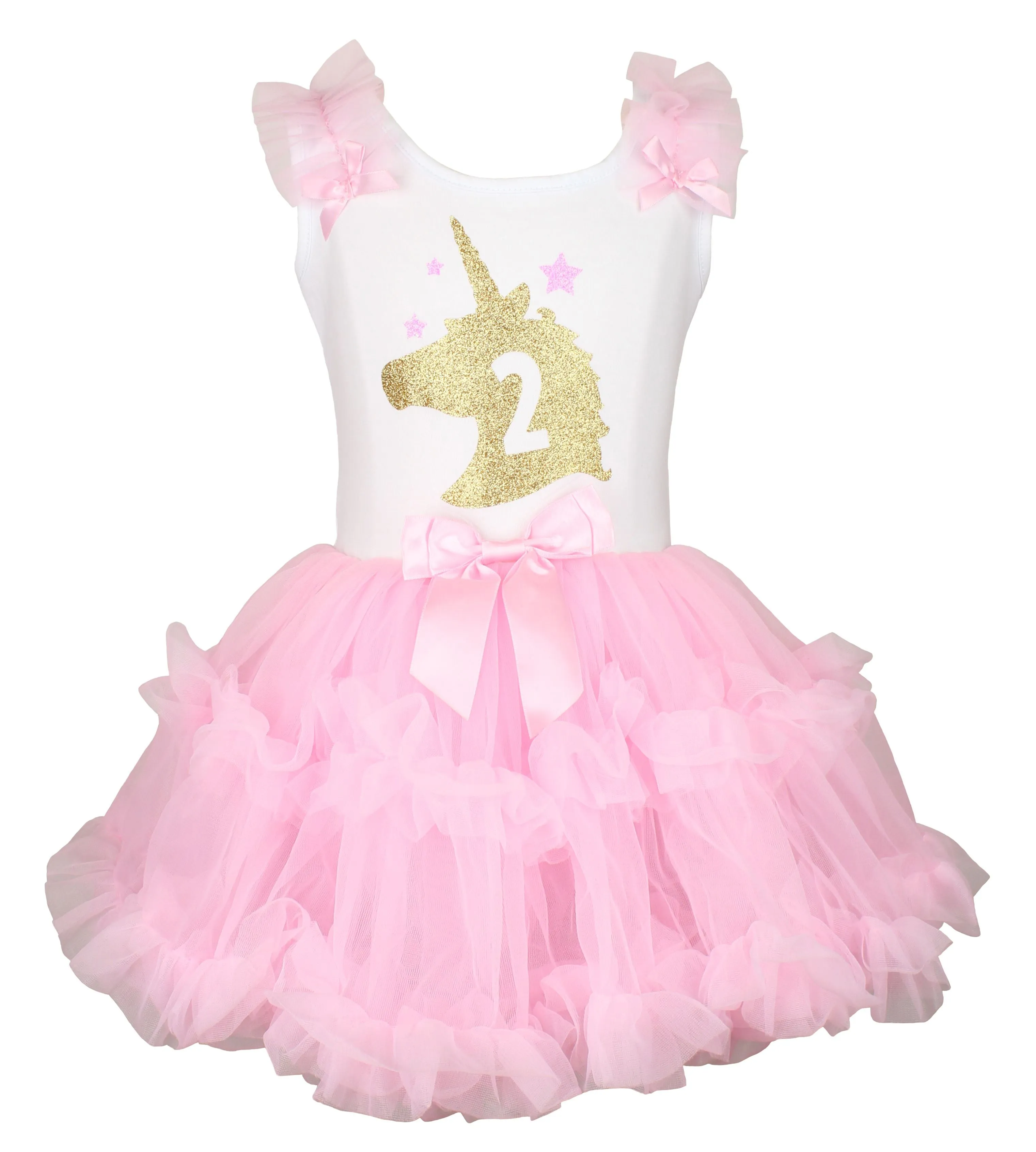 Popatu Little Girl's Pink and White Unicorn 2nd Birthday Dress