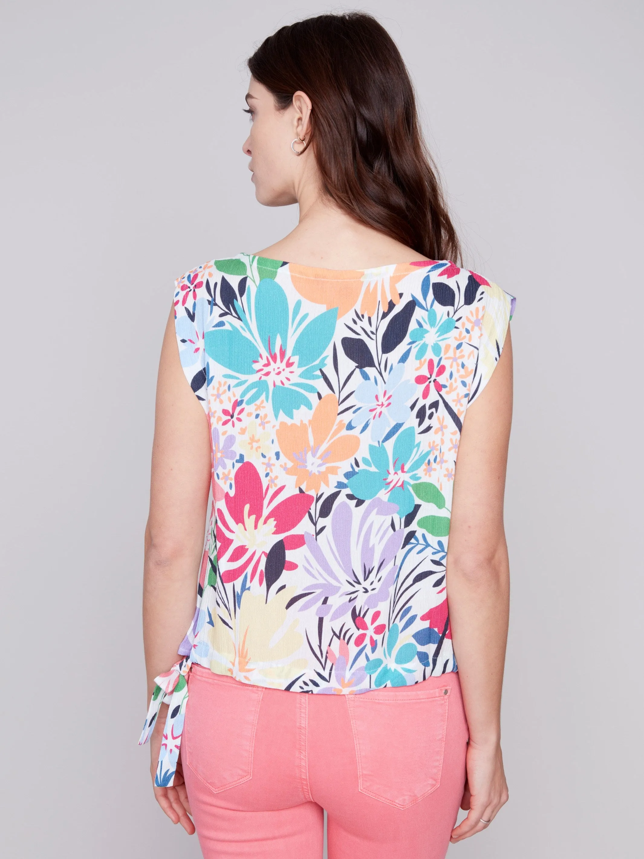 Printed Sleeveless Blouse with Side Ties - Blossom