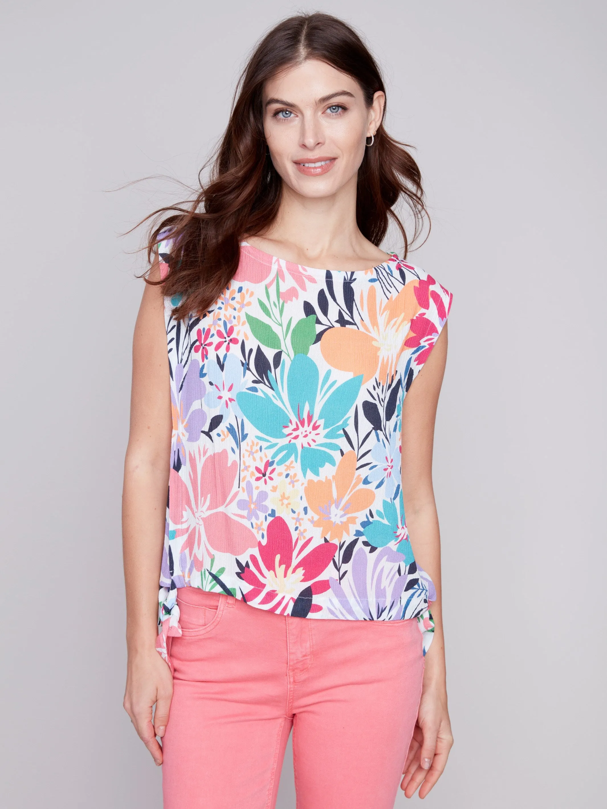 Printed Sleeveless Blouse with Side Ties - Blossom