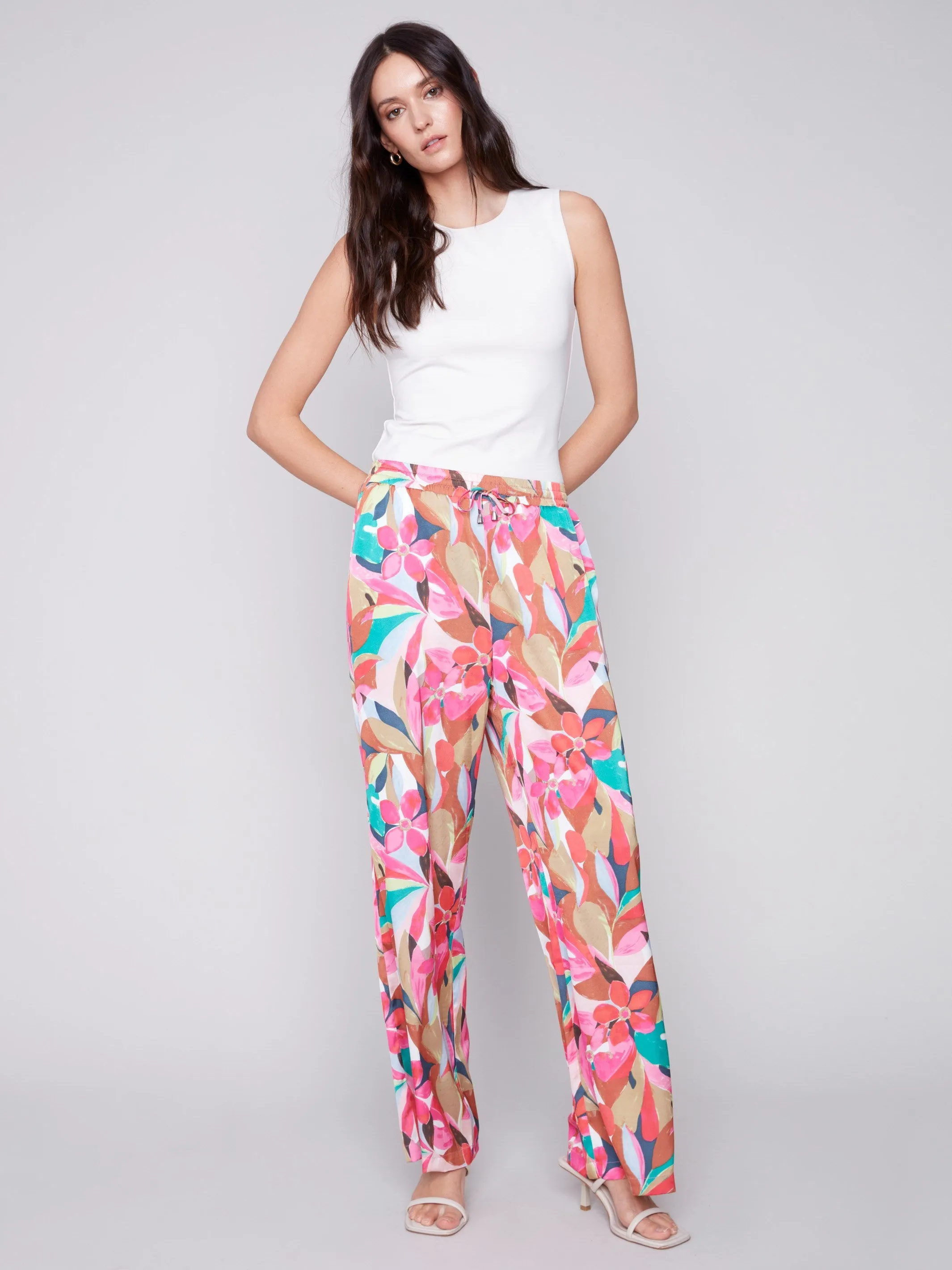 Printed Wide Leg Satin Pants - Flora