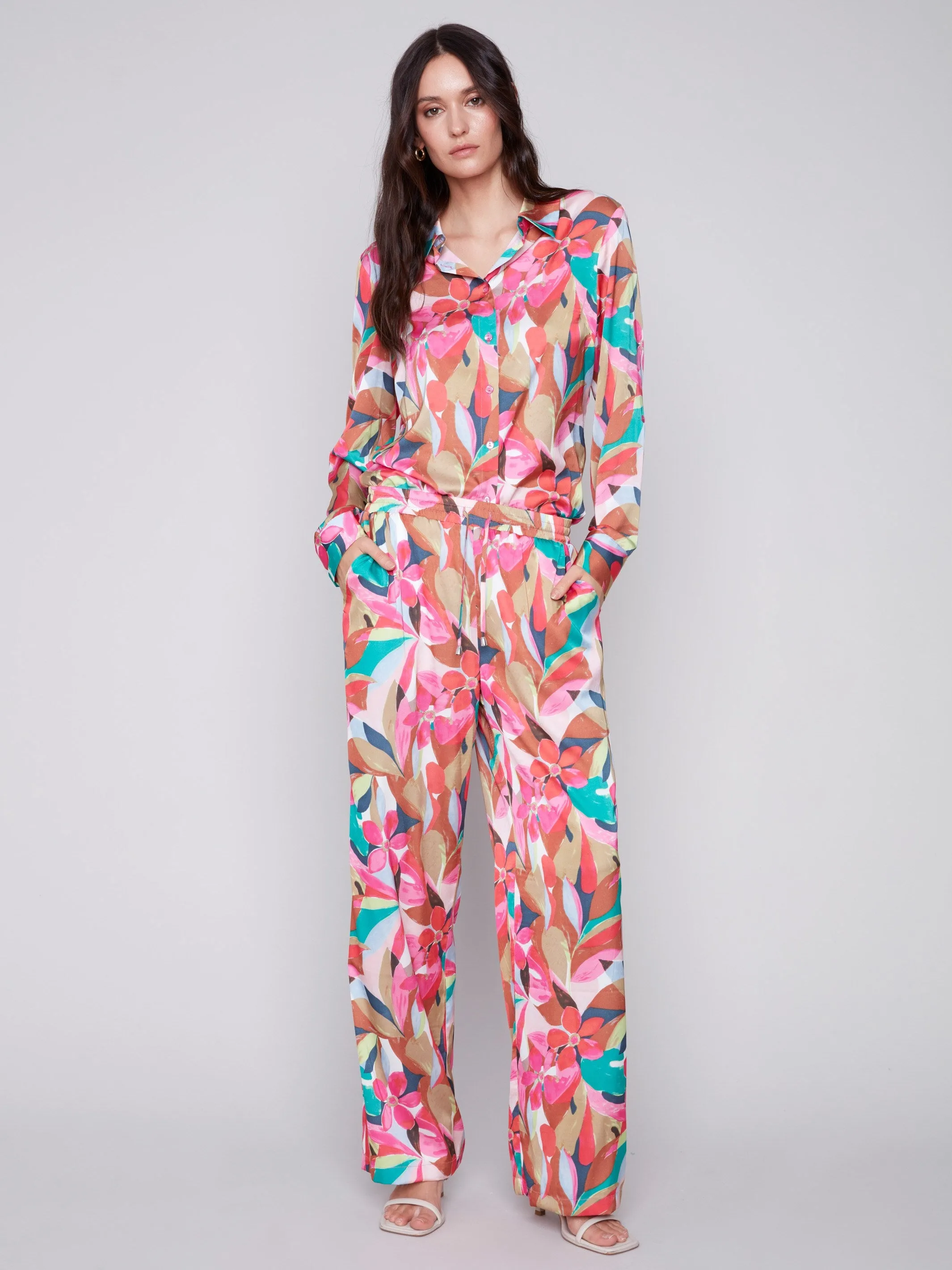 Printed Wide Leg Satin Pants - Flora