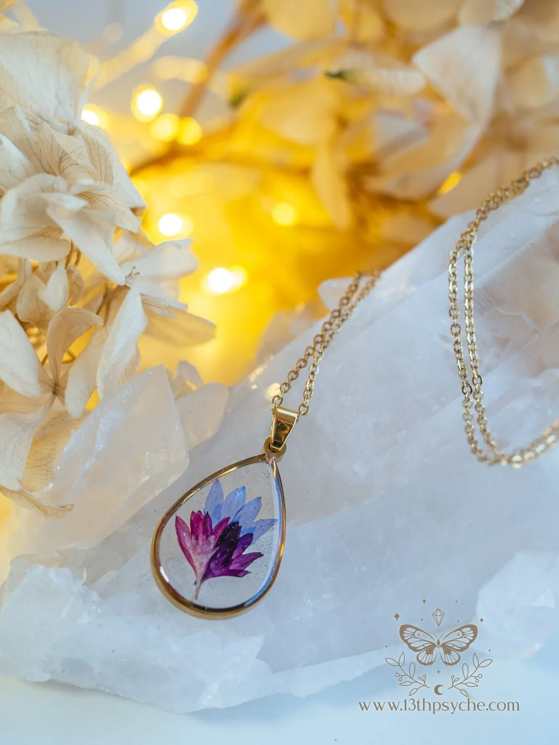 Real Corn flower teardrop resin pendant necklace