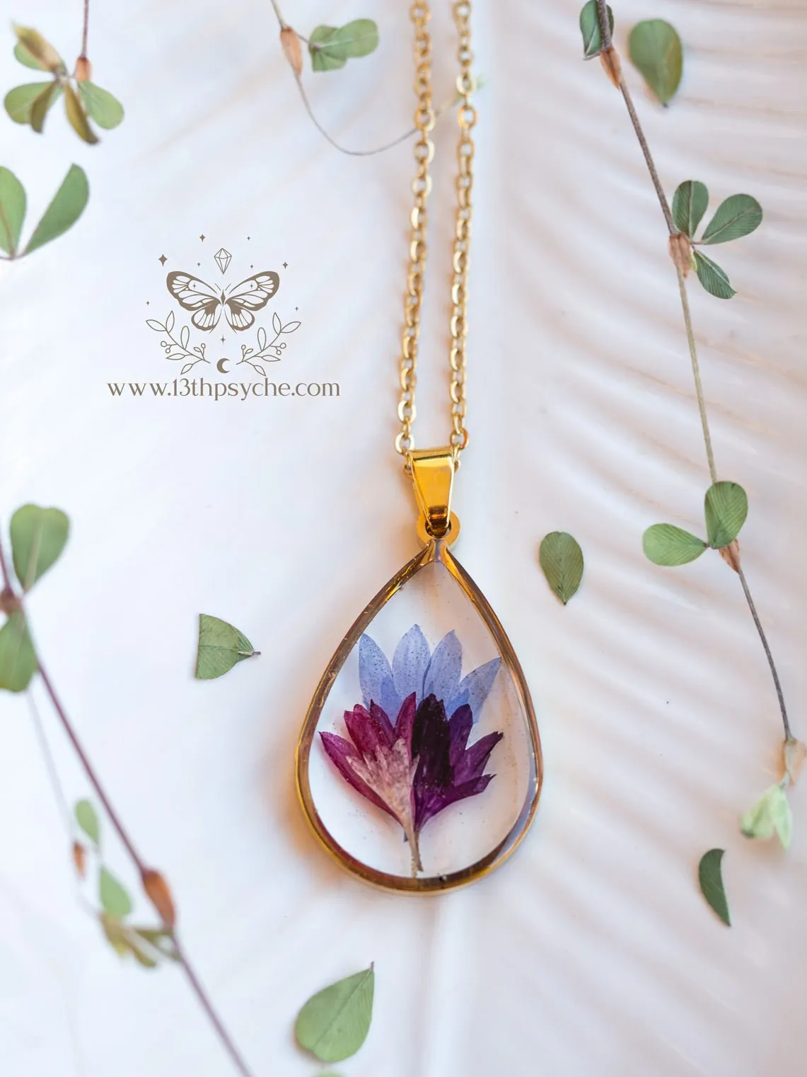 Real Corn flower teardrop resin pendant necklace