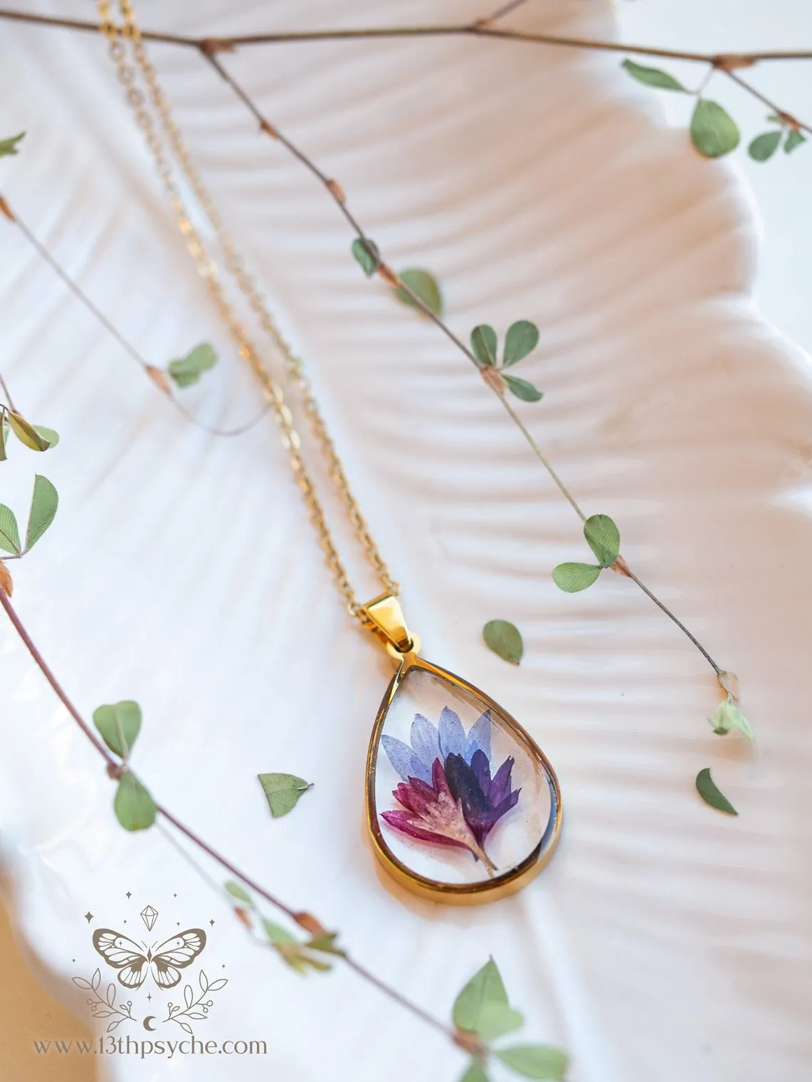 Real Corn flower teardrop resin pendant necklace