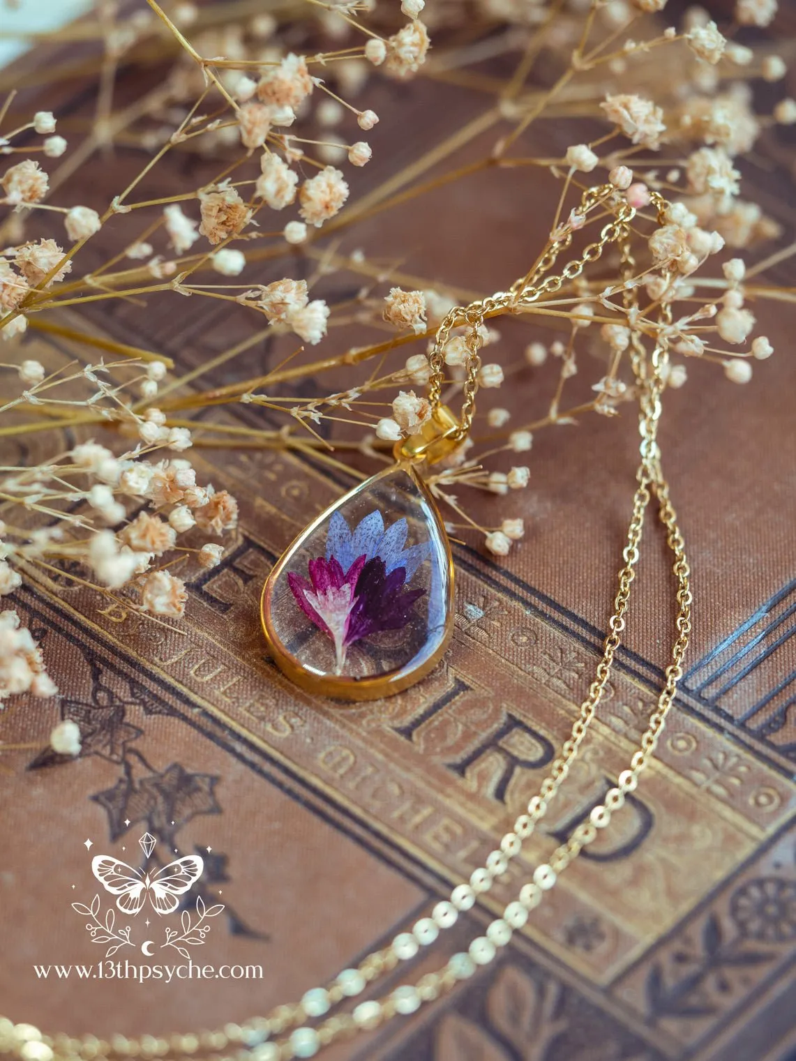 Real Corn flower teardrop resin pendant necklace