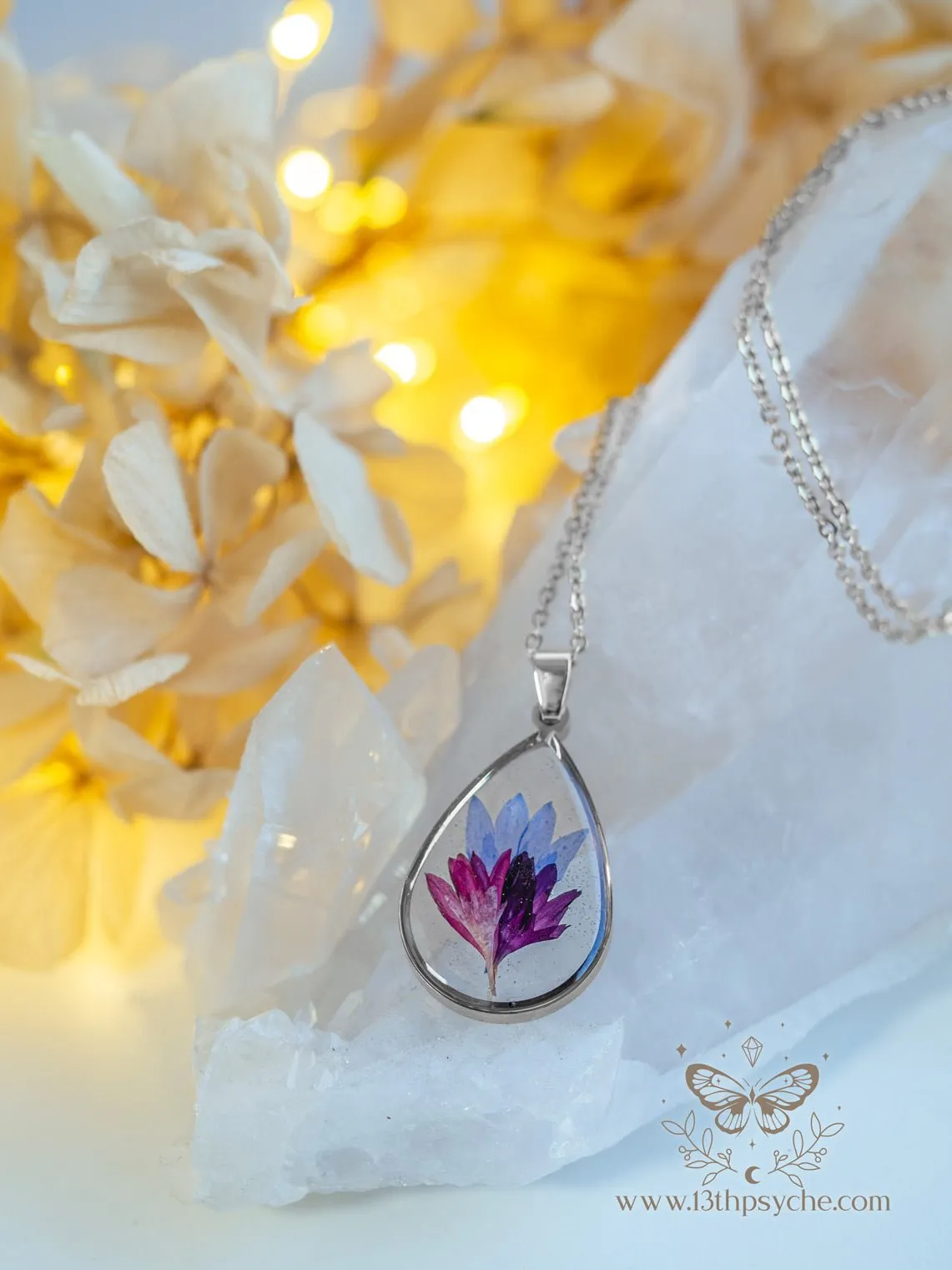 Real Corn flower teardrop resin pendant necklace