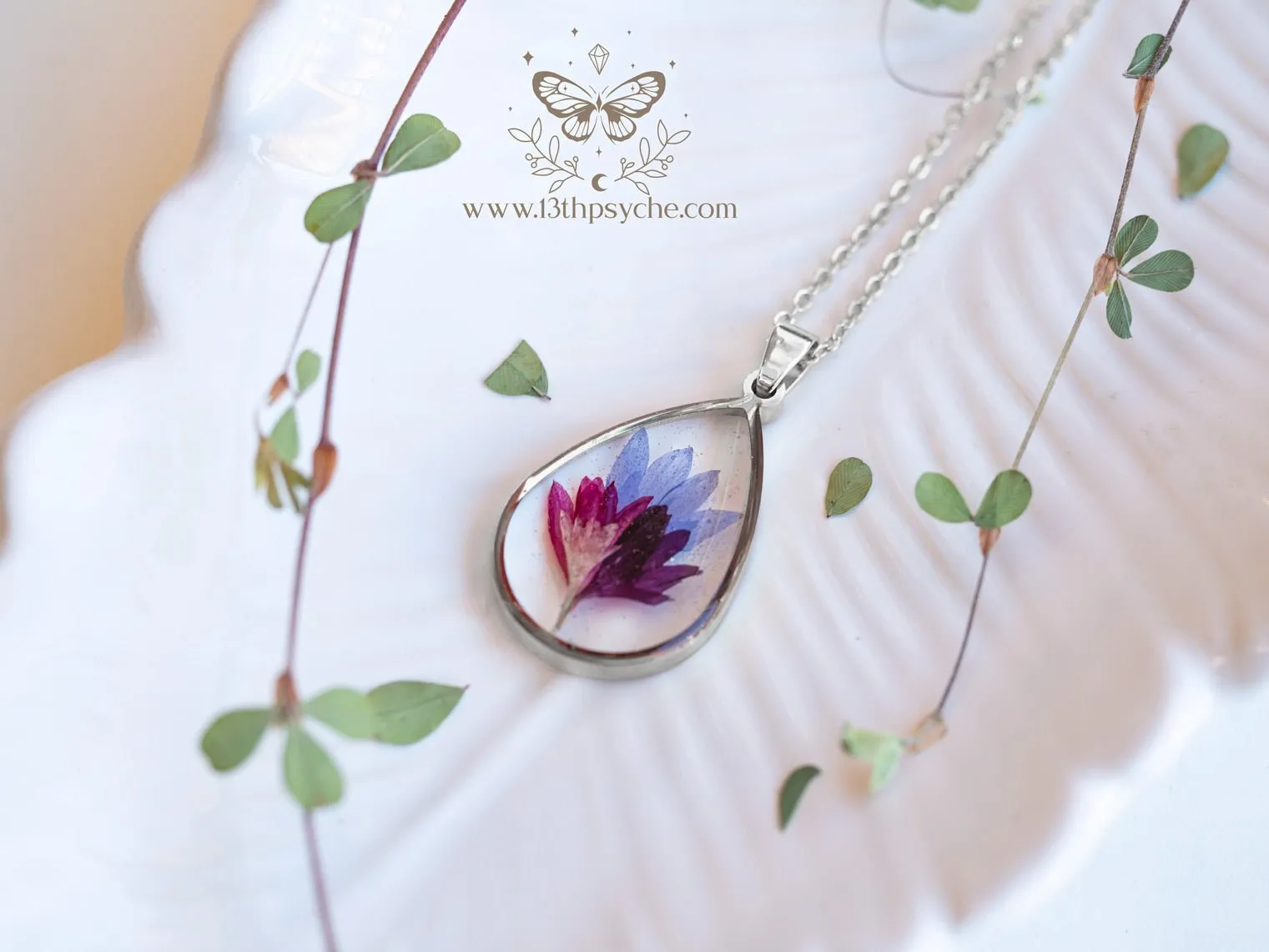 Real Corn flower teardrop resin pendant necklace