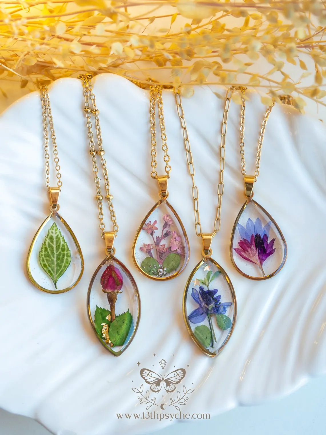 Real Corn flower teardrop resin pendant necklace