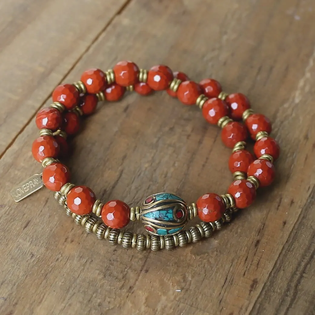 Red Jasper and Tibetan Guru Bead 'Protection' Wrist Mala Bracelet