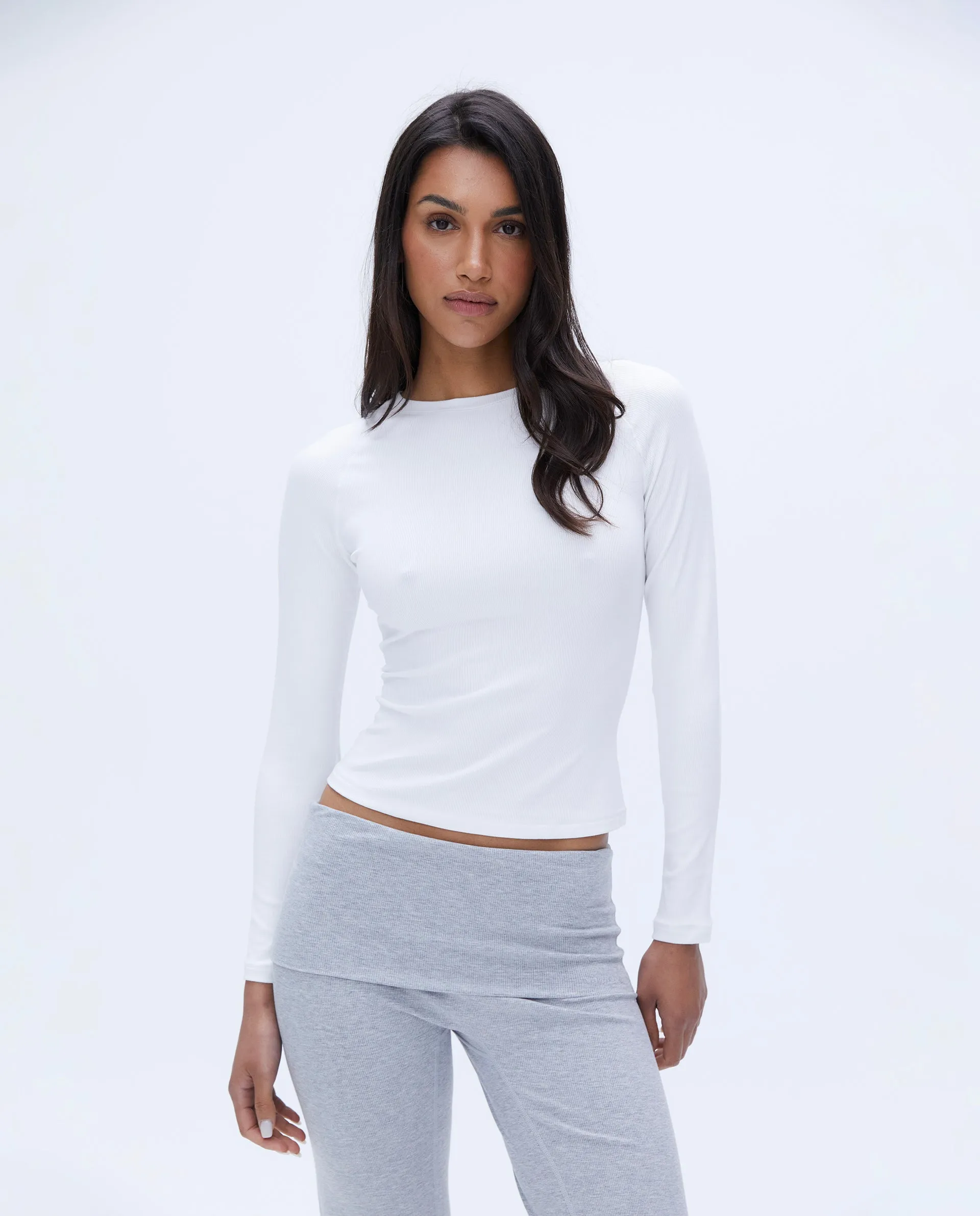 Rib Raglan Long Sleeve Top - White