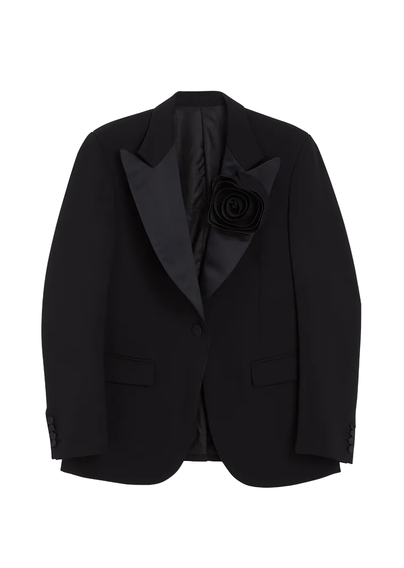 ROSE APPLIQUE BLACK TUXEDO BLAZER