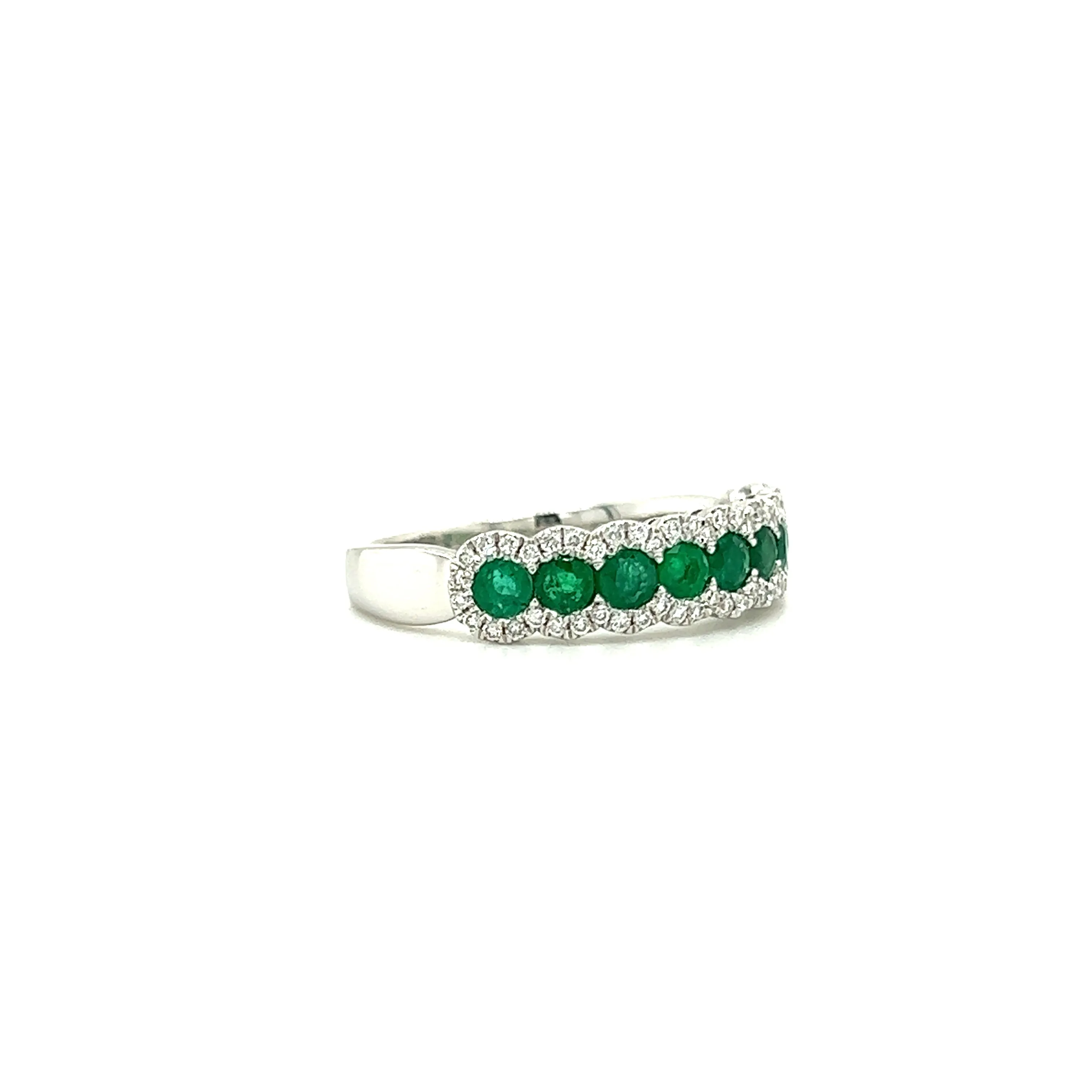 Round Emerald Ring with Sixty Accent Diamonds in 14K White Gold