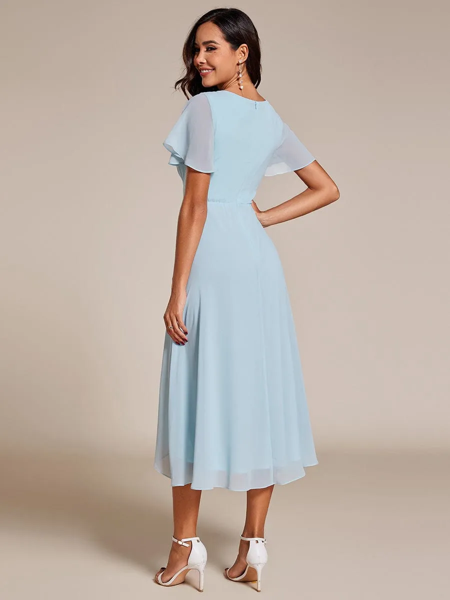 Ruffles Sleeve Pleated V-Neck A-Line Midi Chiffon Wedding Guest Dress