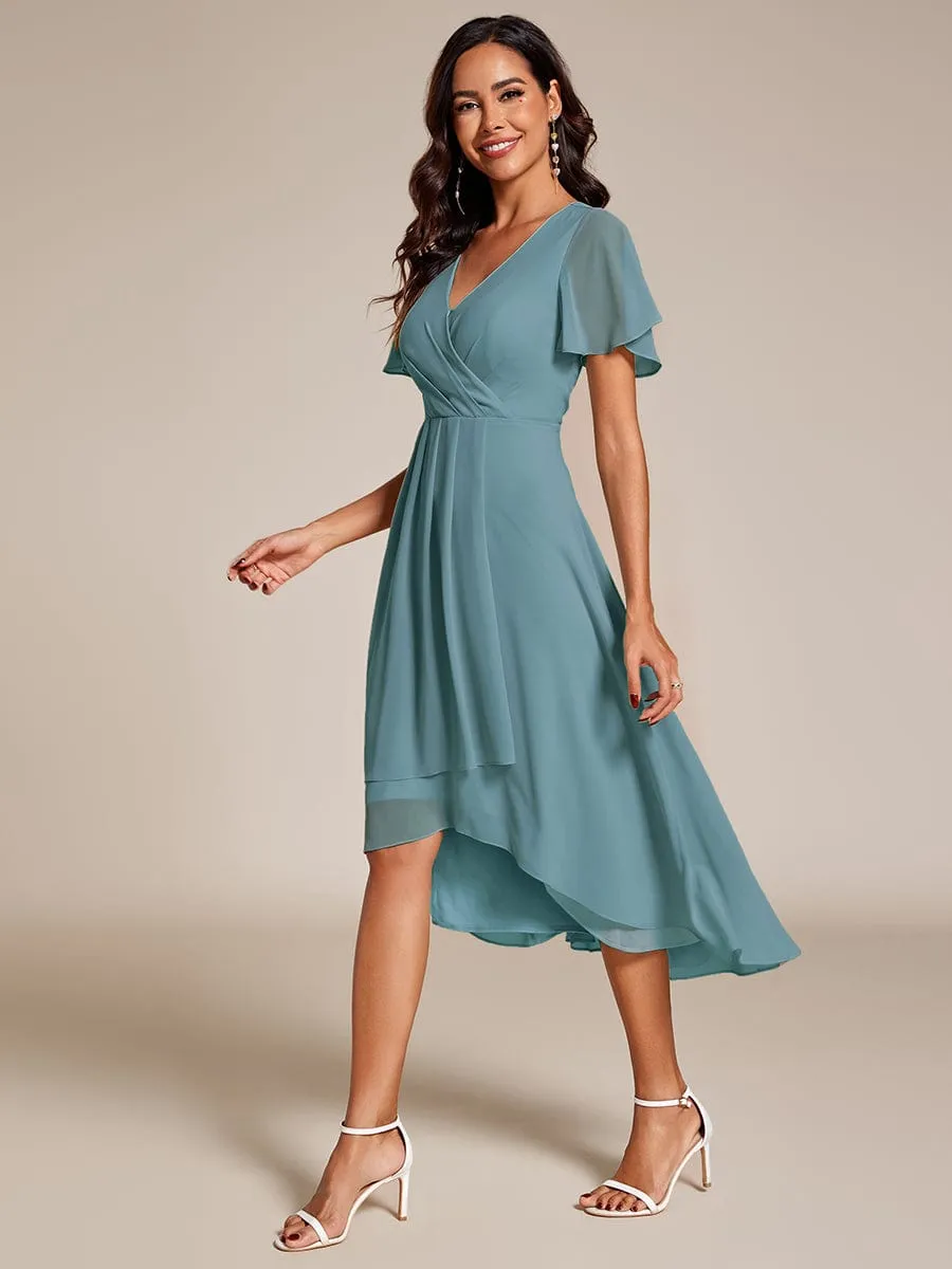 Ruffles Sleeve Pleated V-Neck A-Line Midi Chiffon Wedding Guest Dress