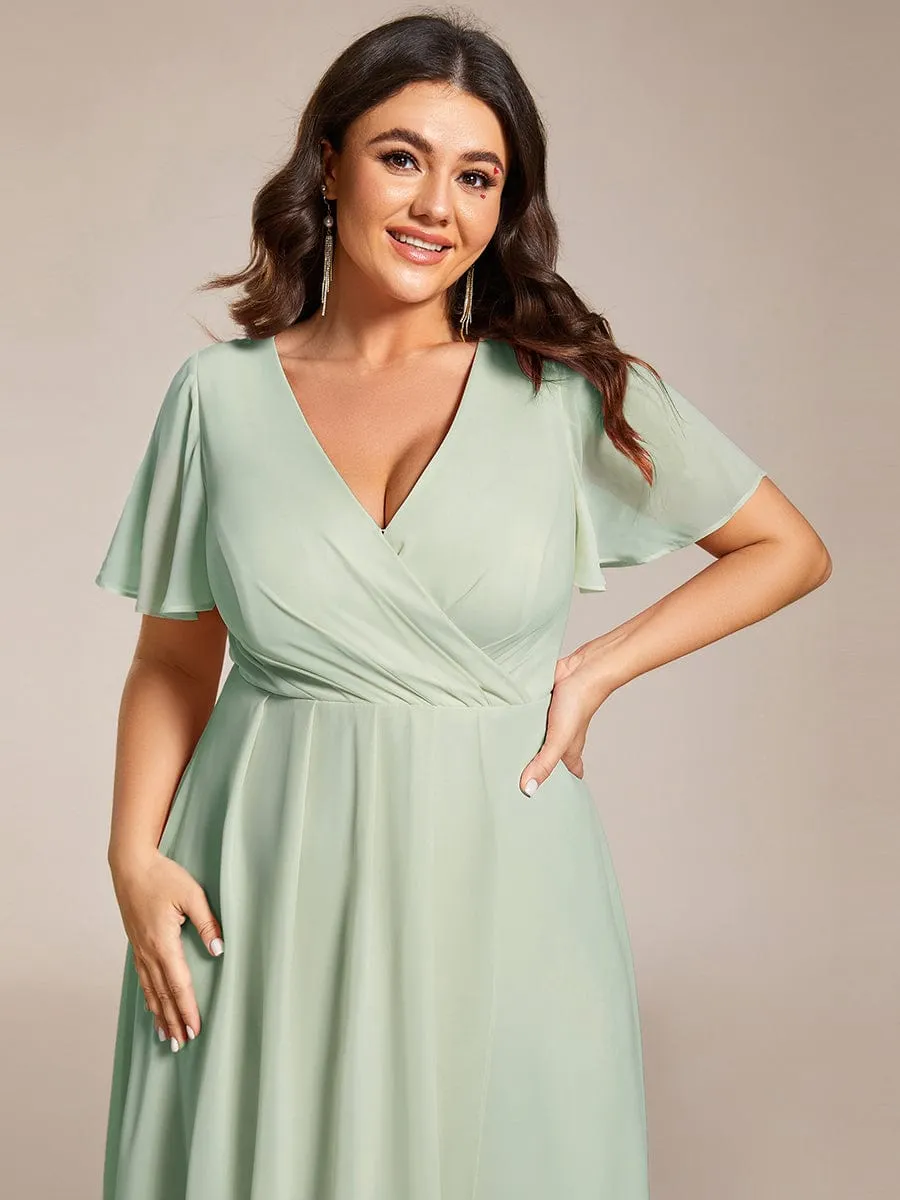 Ruffles Sleeve Pleated V-Neck A-Line Midi Chiffon Wedding Guest Dress