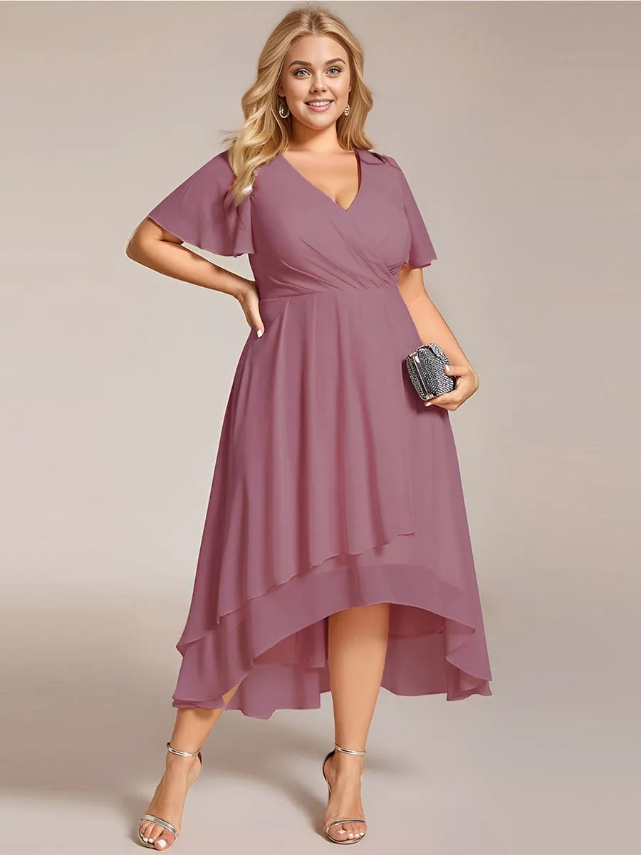 Ruffles Sleeve Pleated V-Neck A-Line Midi Chiffon Wedding Guest Dress