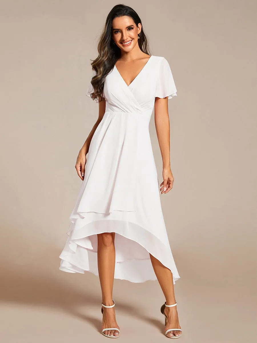 Ruffles Sleeve Pleated V-Neck A-Line Midi Chiffon Wedding Guest Dress