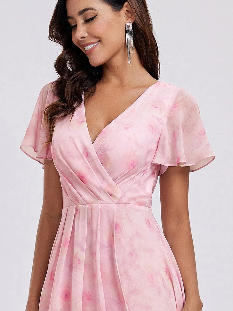 Ruffles Sleeve Pleated V-Neck A-Line Midi Chiffon Wedding Guest Dress