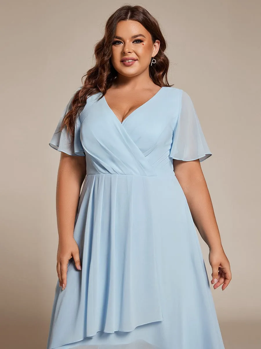 Ruffles Sleeve Pleated V-Neck A-Line Midi Chiffon Wedding Guest Dress