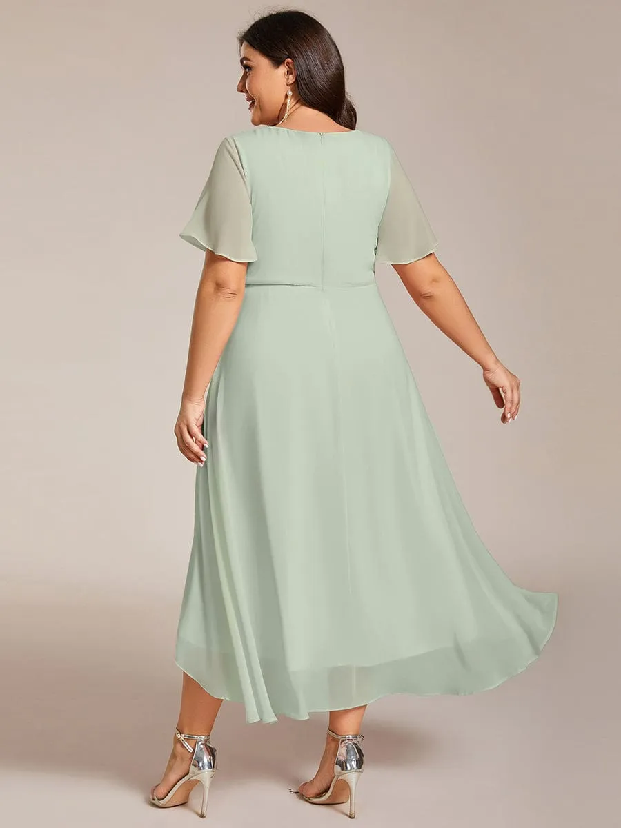 Ruffles Sleeve Pleated V-Neck A-Line Midi Chiffon Wedding Guest Dress