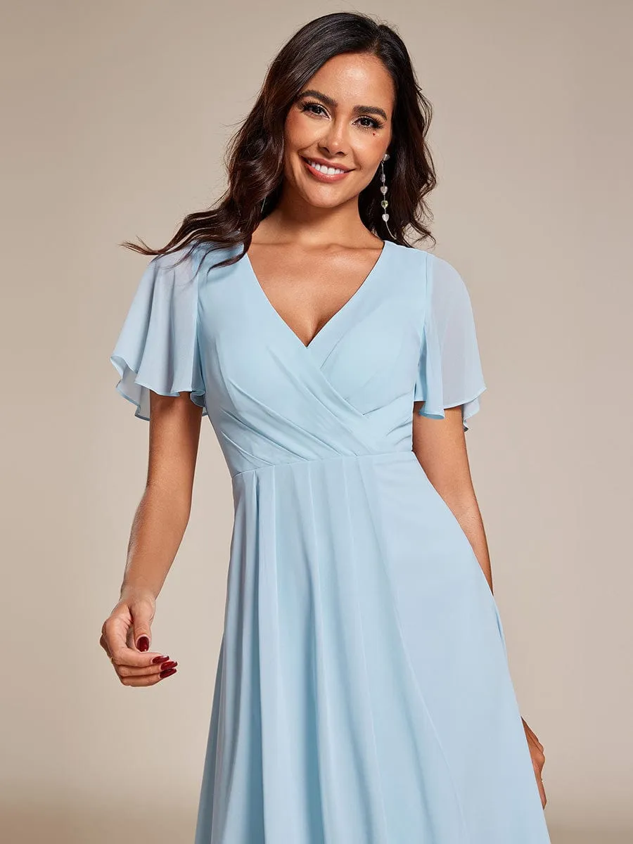 Ruffles Sleeve Pleated V-Neck A-Line Midi Chiffon Wedding Guest Dress