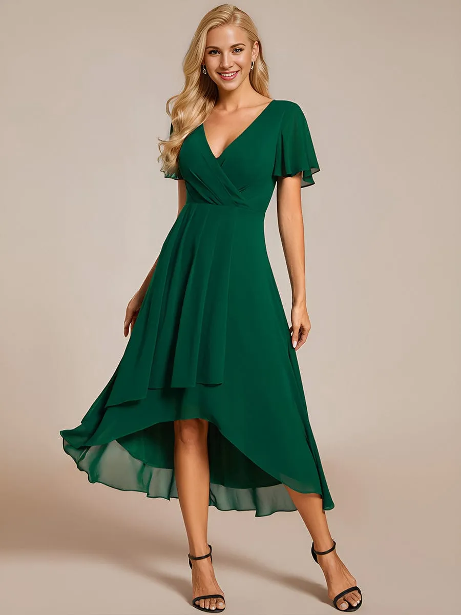 Ruffles Sleeve Pleated V-Neck A-Line Midi Chiffon Wedding Guest Dress