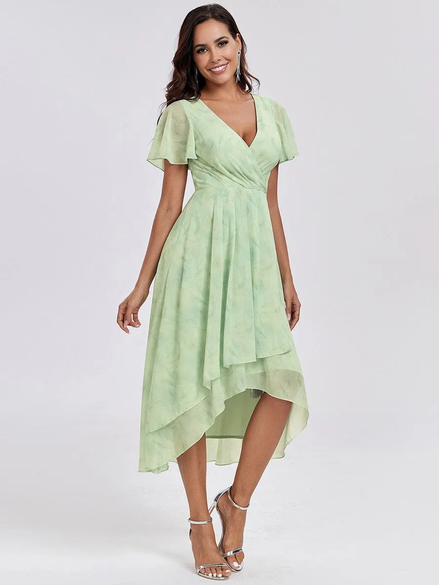 Ruffles Sleeve Pleated V-Neck A-Line Midi Chiffon Wedding Guest Dress