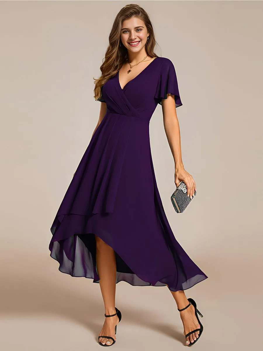 Ruffles Sleeve Pleated V-Neck A-Line Midi Chiffon Wedding Guest Dress