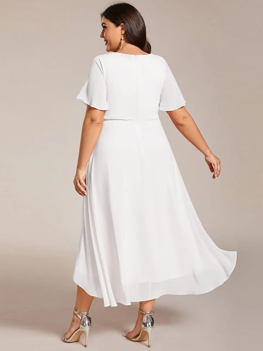 Ruffles Sleeve Pleated V-Neck A-Line Midi Chiffon Wedding Guest Dress