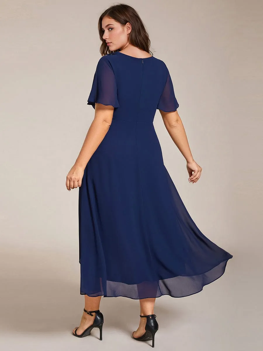 Ruffles Sleeve Pleated V-Neck A-Line Midi Chiffon Wedding Guest Dress