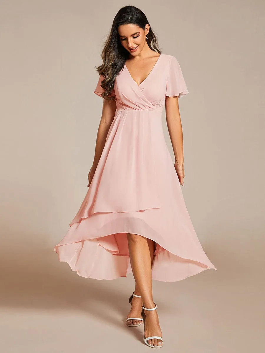 Ruffles Sleeve Pleated V-Neck A-Line Midi Chiffon Wedding Guest Dress