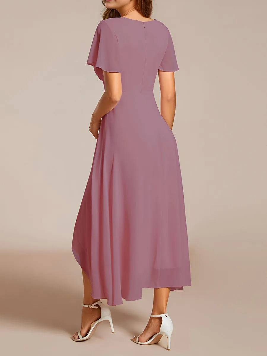 Ruffles Sleeve Pleated V-Neck A-Line Midi Chiffon Wedding Guest Dress