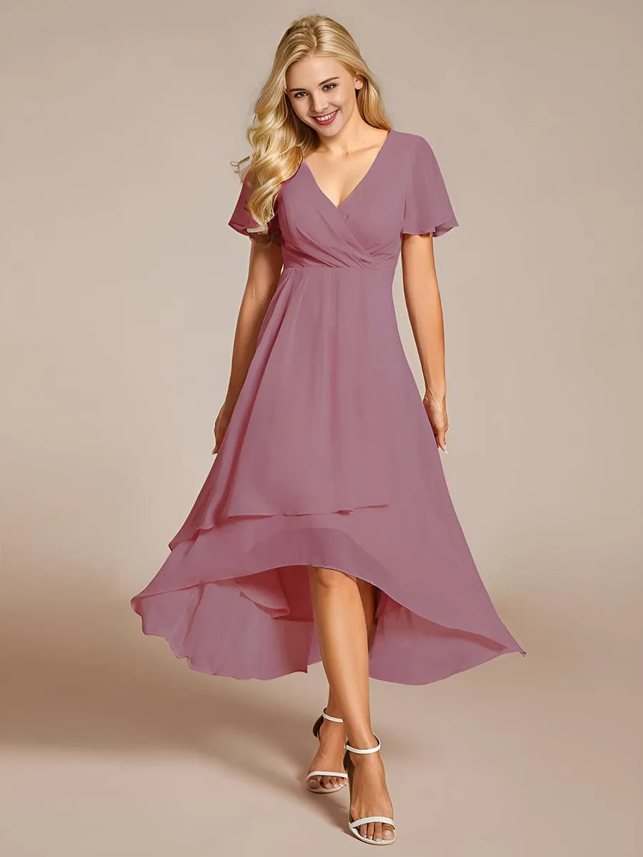 Ruffles Sleeve Pleated V-Neck A-Line Midi Chiffon Wedding Guest Dress