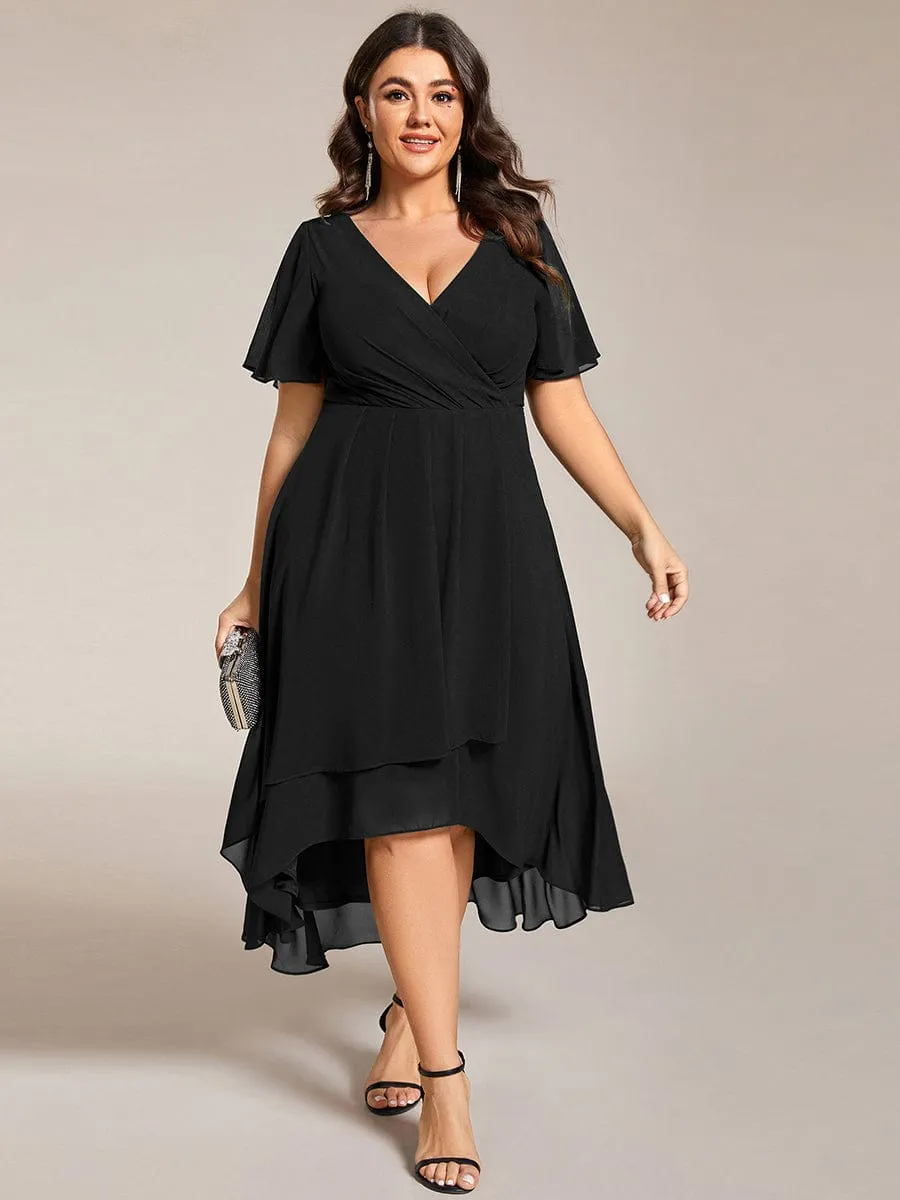 Ruffles Sleeve Pleated V-Neck A-Line Midi Chiffon Wedding Guest Dress