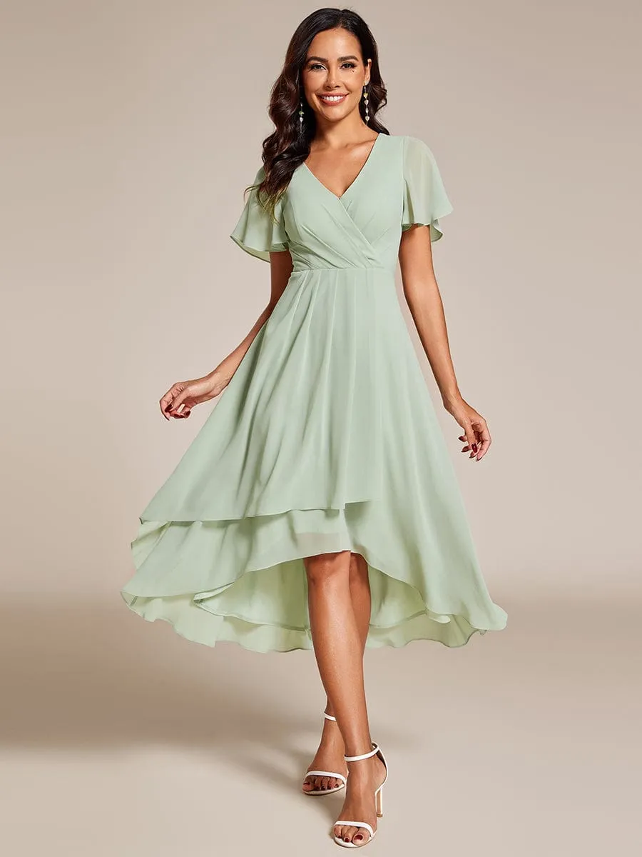 Ruffles Sleeve Pleated V-Neck A-Line Midi Chiffon Wedding Guest Dress