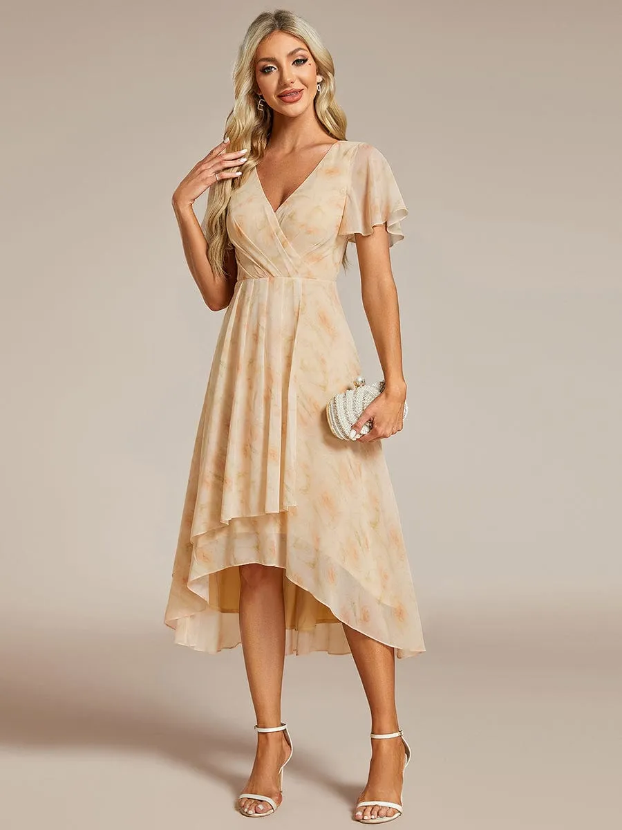 Ruffles Sleeve Pleated V-Neck A-Line Midi Chiffon Wedding Guest Dress