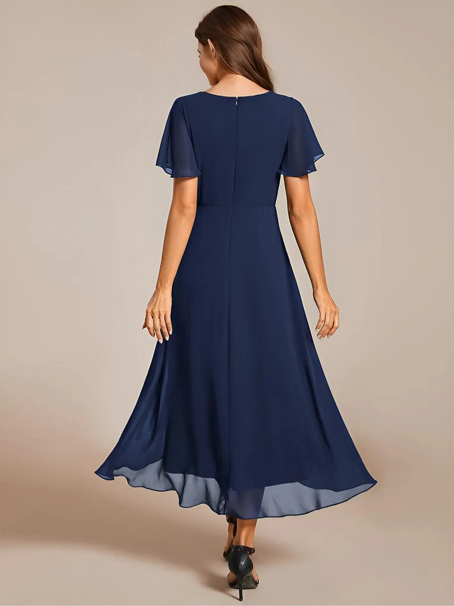 Ruffles Sleeve Pleated V-Neck A-Line Midi Chiffon Wedding Guest Dress