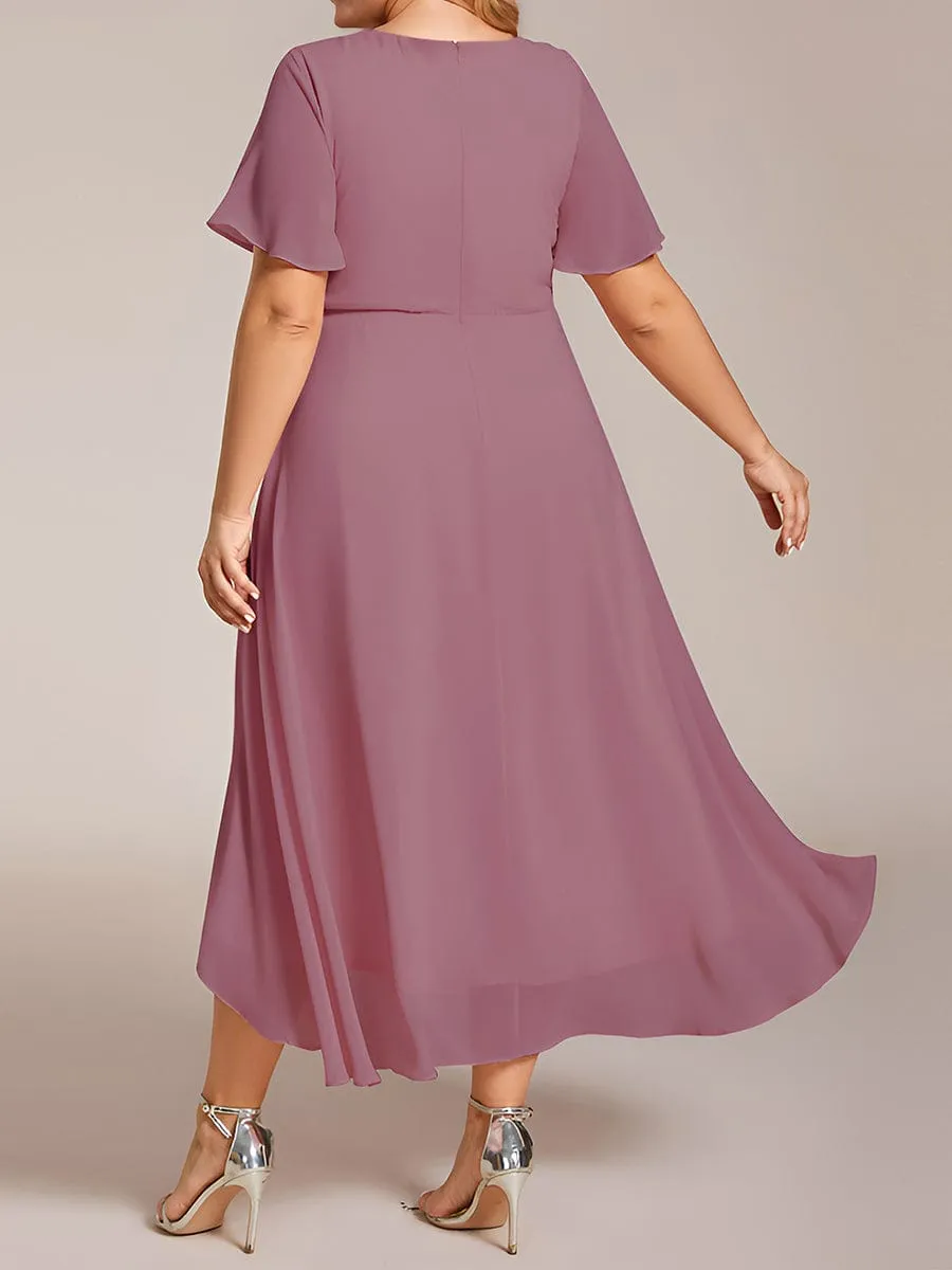 Ruffles Sleeve Pleated V-Neck A-Line Midi Chiffon Wedding Guest Dress