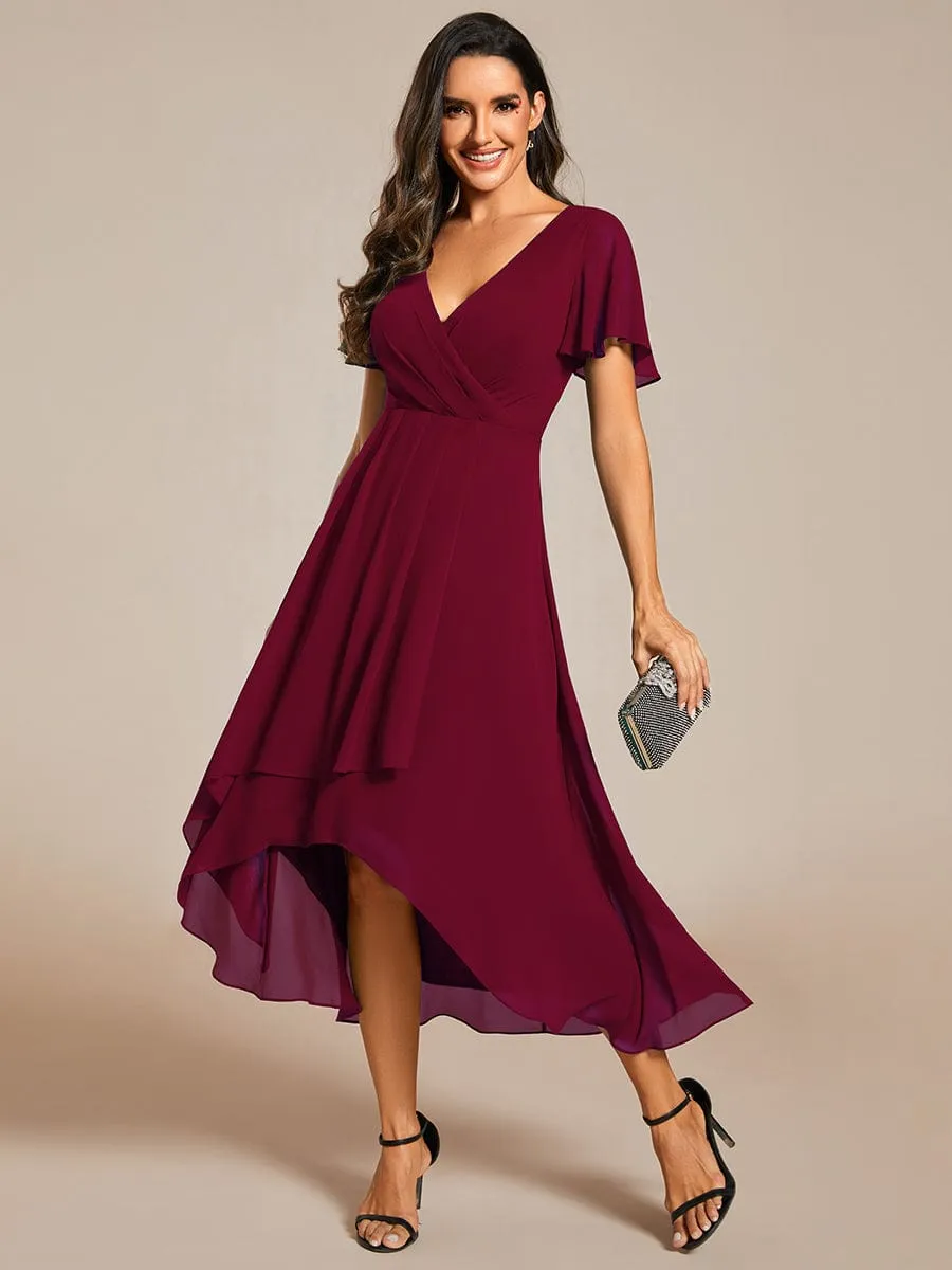 Ruffles Sleeve Pleated V-Neck A-Line Midi Chiffon Wedding Guest Dress