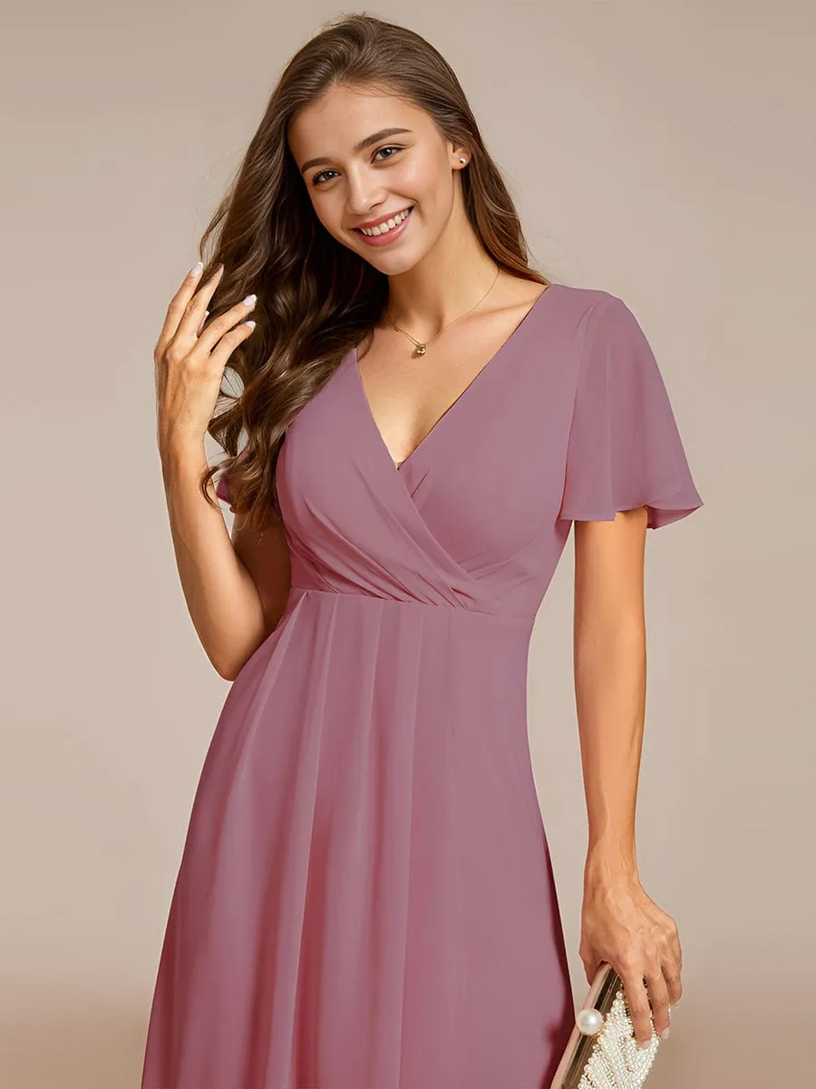 Ruffles Sleeve Pleated V-Neck A-Line Midi Chiffon Wedding Guest Dress