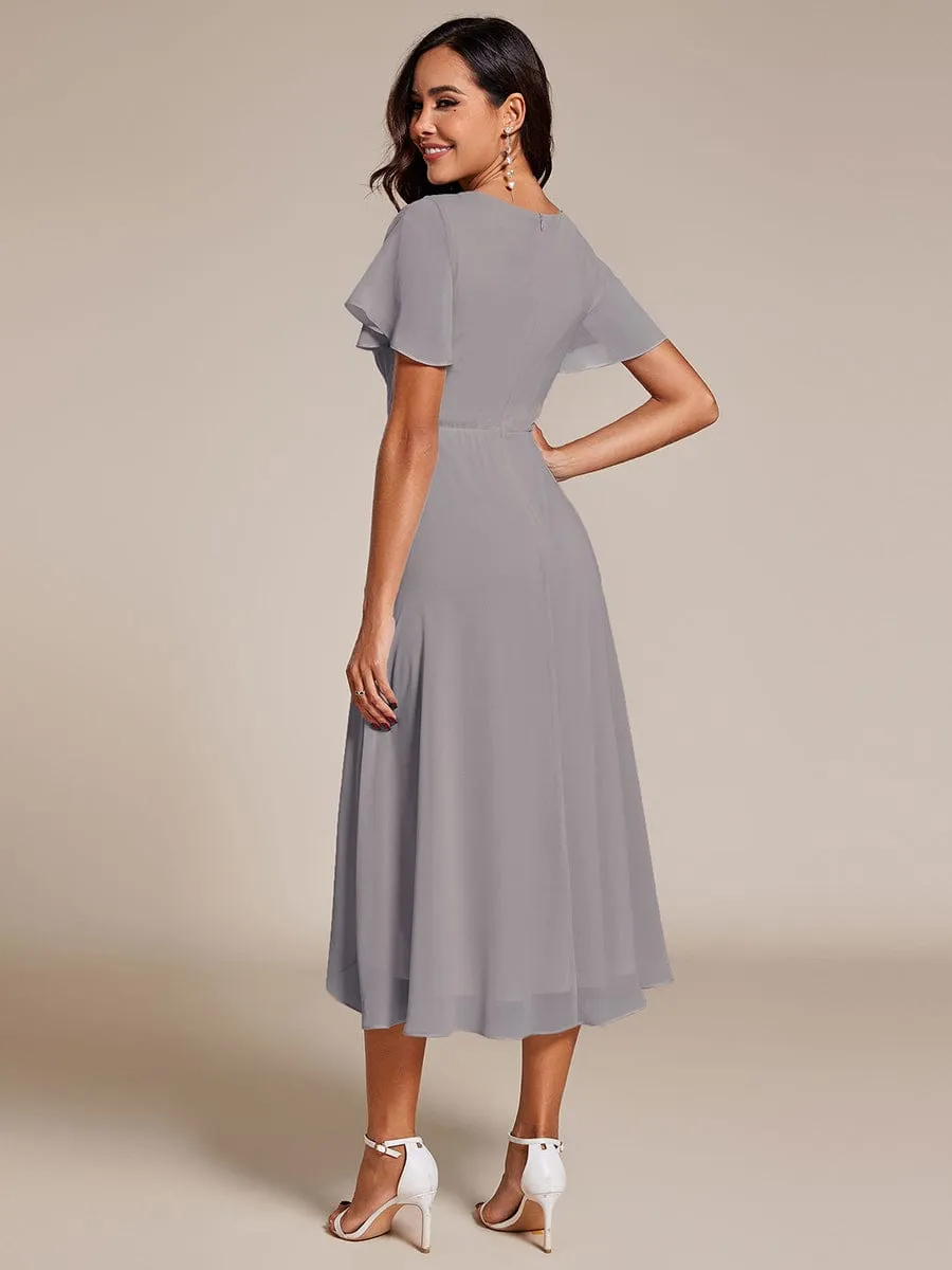 Ruffles Sleeve Pleated V-Neck A-Line Midi Chiffon Wedding Guest Dress