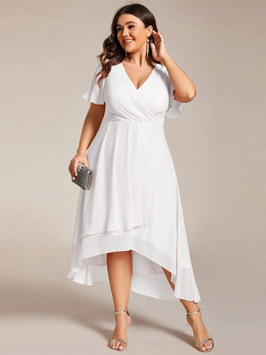 Ruffles Sleeve Pleated V-Neck A-Line Midi Chiffon Wedding Guest Dress