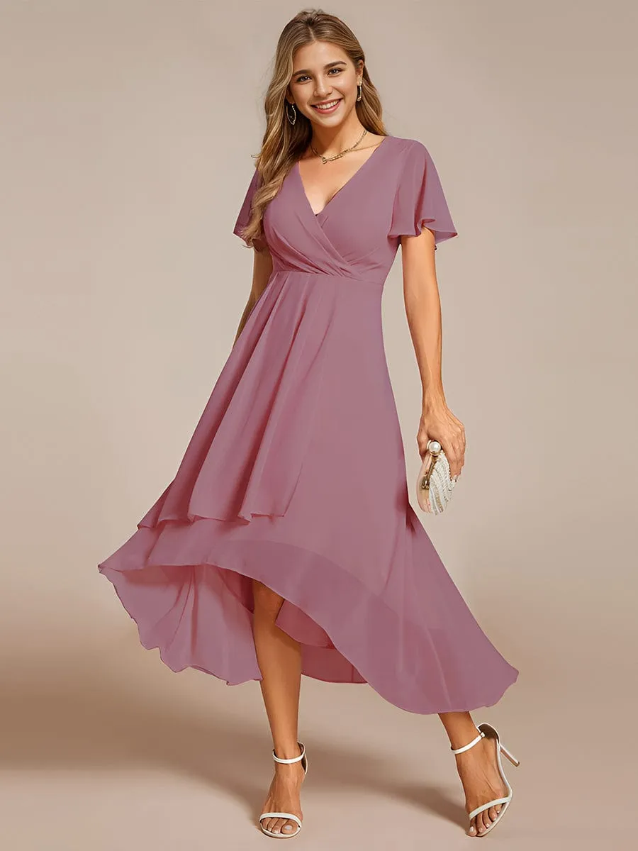 Ruffles Sleeve Pleated V-Neck A-Line Midi Chiffon Wedding Guest Dress