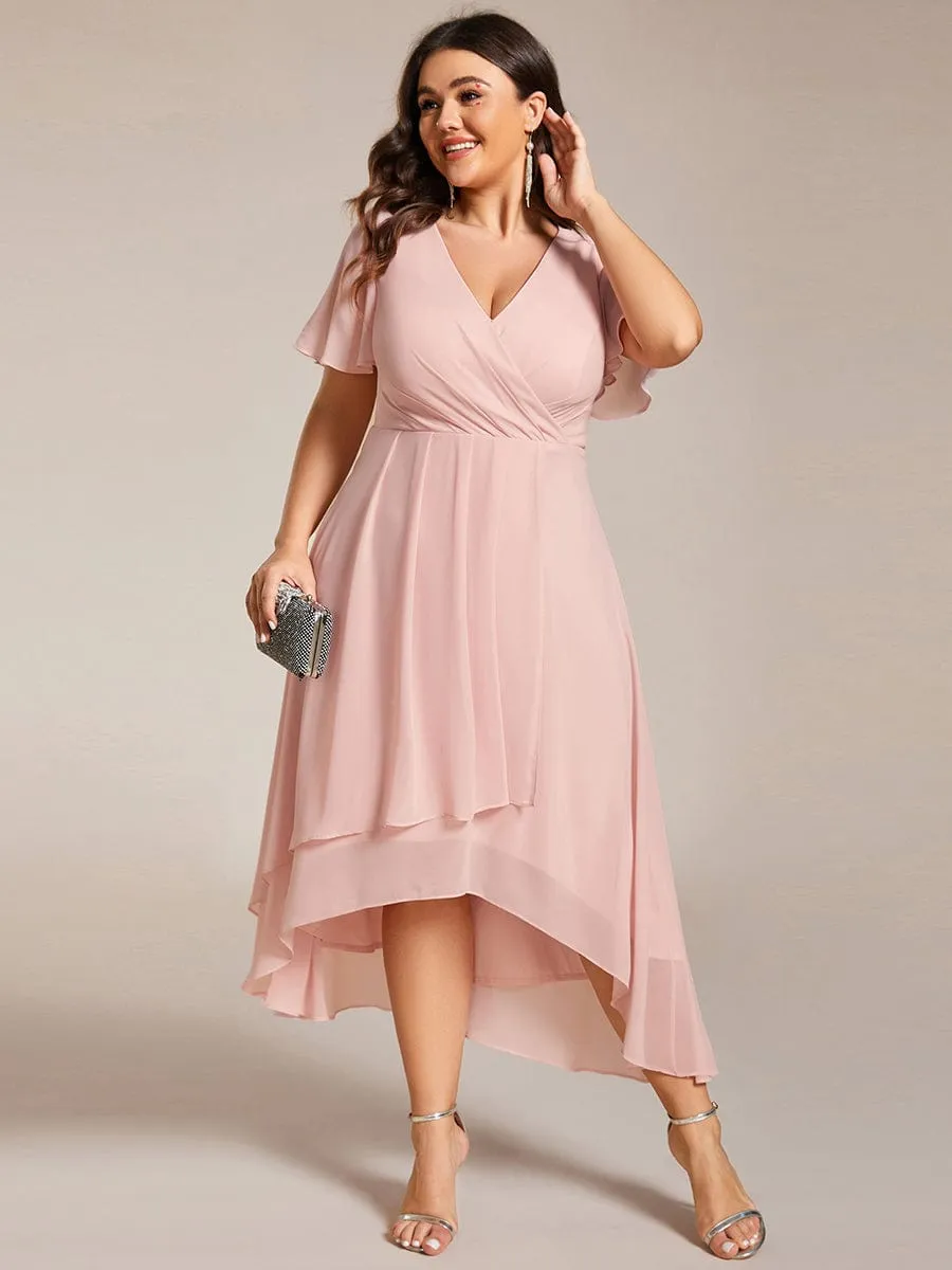 Ruffles Sleeve Pleated V-Neck A-Line Midi Chiffon Wedding Guest Dress